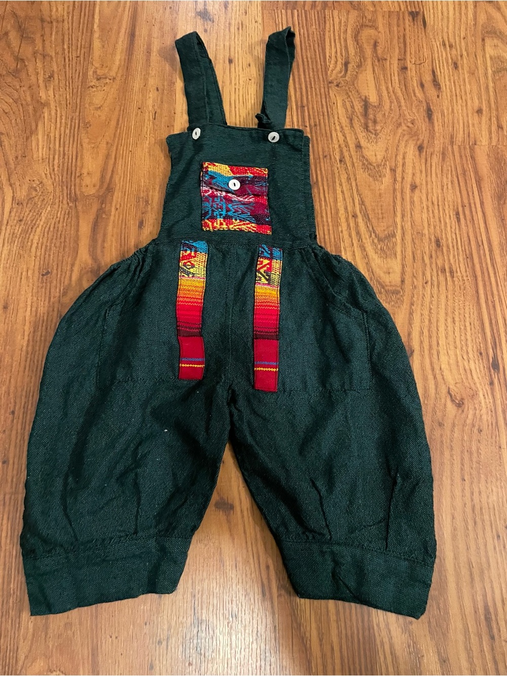 Kids Handmade Dark Green Boho Overalls with Colorful Accent